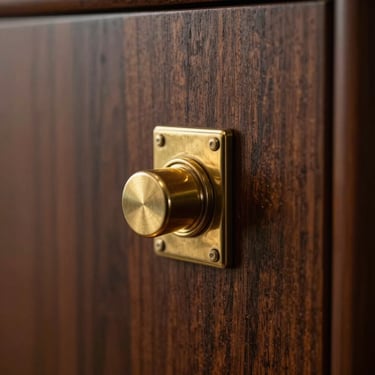 Close-up of fine dark wood grain and polished brass fittings of a secure cabinet, warm focused highlights, low-key lighting.