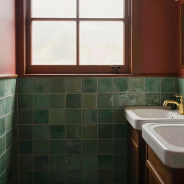 A refined, naturally lit bathroom remodel featuring custom forest green tilework and brass fixtures, warm editorial style, 35mm