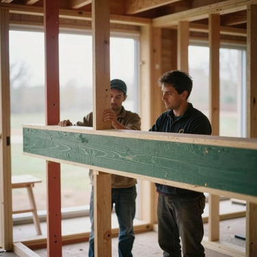 Craftsmen carefully installing a massive load-bearing beam, raw structural framing exposed, clean organized job site, natural light, 35mm