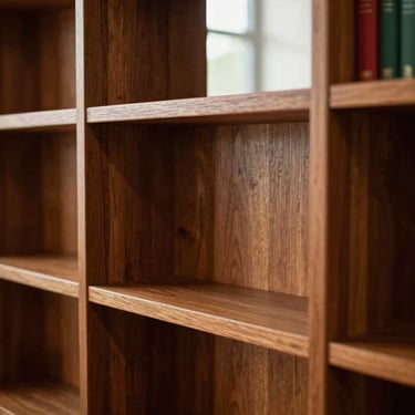 Detailed close-up of custom oak joinery in a finished residential library, warm ambient lighting, editorial photography, 35mm