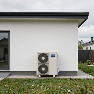 An outdoor air source heat pump unit installed on a white wall of a modern residential home.