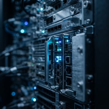 Cool-toned macro photograph of high-end server rack interfaces, blinking blue and cyan LED indicator lights, pristine metallic hardware textures, shallow depth of field, dramatic low-key studio lighting.