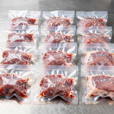 Symmetric rows of vacuum-packed meat portions ready for shipping, sterile stainless steel surface, bright commercial lighting
