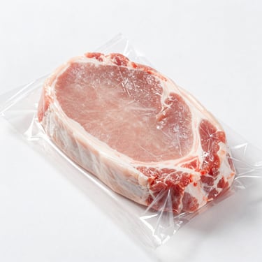 Fresh raw pork chops sealed in clear protective film, immaculate clean presentation, bright cool-toned lighting