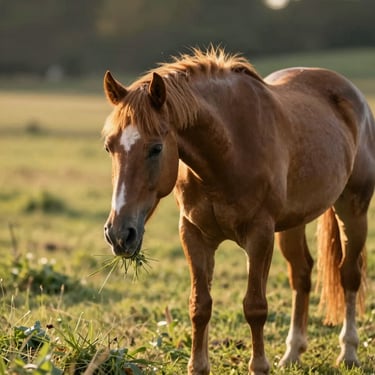 A gentle horse slowly chewing grass in a sun-drenched pasture, warm golden light, unhurried pace.