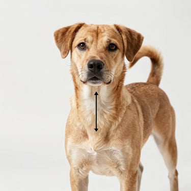 Graphic illustrative diagram showing how to measure a dog with soft lines pointing to neck, chest, and back, friendly style, clean background