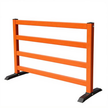 High-key studio product shot of a safety orange powder-coated event barrier, clean white background, vibrant protective finish, 35mm lens