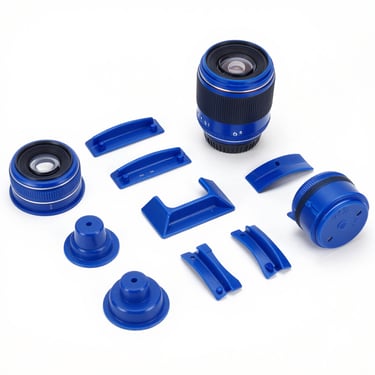 Clean studio product shot of flat and bridge barrier feet accessories neatly arranged on a white surface, bright high-key lighting, 35mm lens