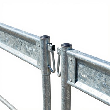 Crisp commercial photography of a standard galvanized crowd control barrier, bright outdoor daylight, clean white background, sharp focus on interlocking hook-and-eye connection, 35mm lens