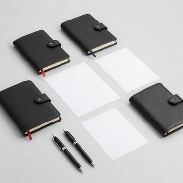 Organized corporate stationery layout with high-end pens and leather registers, neutral light gray background, crisp details.