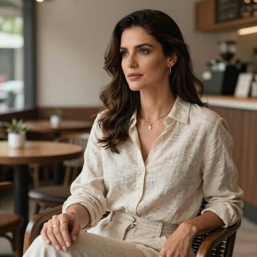 A portrait of a sophisticated woman sitting in a bright cafe in Brazil, wearing a linen outfit and minimal jewelry, looking thoughtfully away.