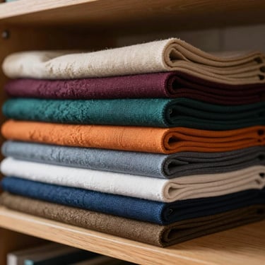 Neatly folded stack of colourful fabric bolts on a wooden shelf, soft daylight from the side, close-up showing textile texture