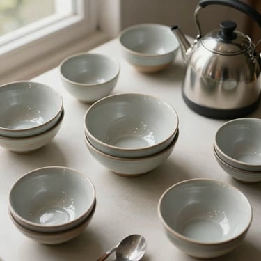 Overhead shot of ceramic bowls, a kettle, and kitchen utensils arranged on an off-white surface, soft natural window light