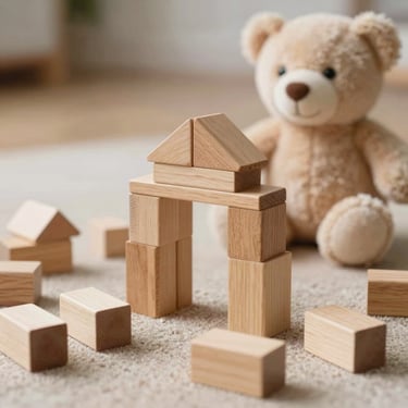 Close-up of a child's wooden building blocks and a plush toy on a light-toned surface, soft diffused daylight