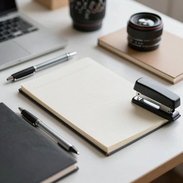 Stationery items — pens, notebooks, and a stapler — arranged on a clean desk surface under bright diffused studio light