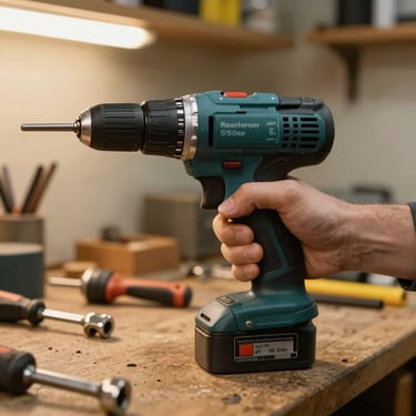 Hand gripping a power drill above a workbench scattered with hand tools, warm workshop lighting, sharp focus on the tool