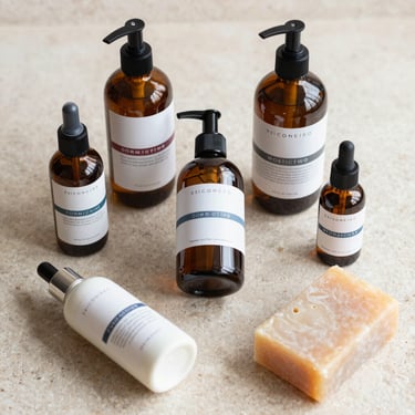 Flat lay of skincare bottles and a bar of soap on a pale stone surface, soft natural side lighting showing product labels
