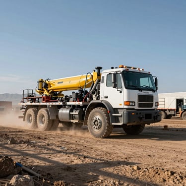 Wide environmental shot of a heavy-duty mobile welding truck rigged up on a dusty Wyoming job site, sharp morning light casting long shadows on structural steel.