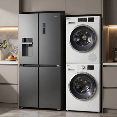 A sleek modern double-door refrigerator and washing machine standing in a contemporary kitchen