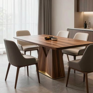 A luxurious modern wooden dining table set with elegant chairs in a brightly lit dining room