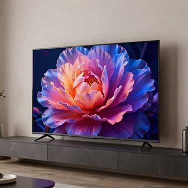 A sleek large LED smart television mounted on a modern living room wall displaying vibrant colors
