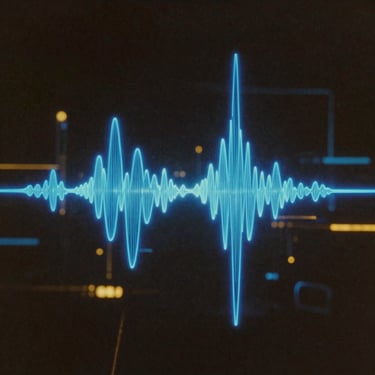 Abstract album cover art, neon blue soundwaves forming a geometric landscape, dark cybernetic atmosphere, high contrast