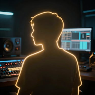 Modern album cover art, a stylized anonymous silhouette of a producer bathed in soft gold neon light, cinematic composition