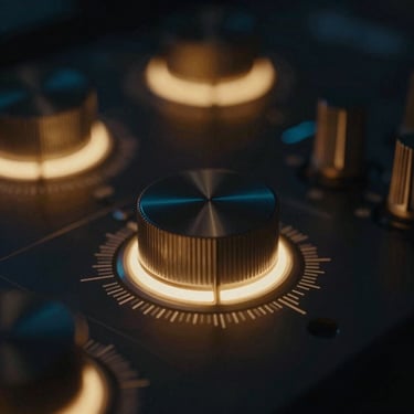 Abstract album cover art, a glowing audio interface dial in close-up, moody low-key studio lighting, shallow depth of field