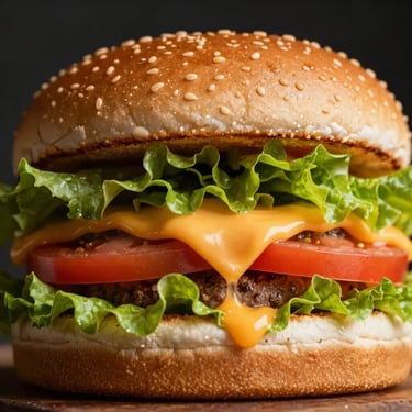 Close-up of a classic cheeseburger with fresh lettuce and tomato, melted cheese dripping down the side, dark background.