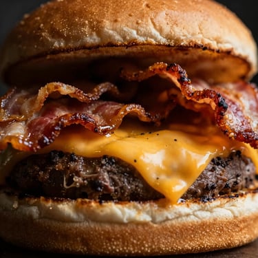 Macro food photography of a double bacon cheeseburger, crispy bacon strips protruding, dark moody lighting.