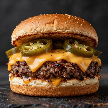 Dramatically lit spicy burger with jalapeños and melted pepper jack cheese, dark rustic background.