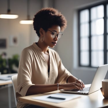 A smiling young woman sitting at a laptop, engaged in an online AI course.