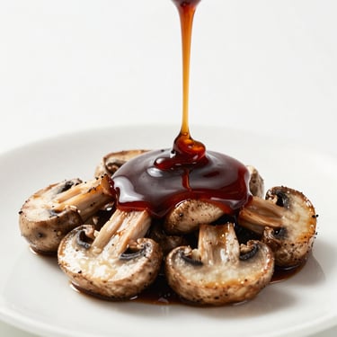 Macro shot of dark, rich brown umami sauce being drizzled over seared mushrooms, high-contrast studio lighting.