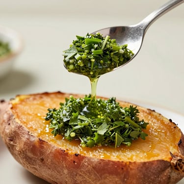 Macro shot of a vibrant green herb condiment dripping from a silver spoon onto a roasted sweet potato, hard direct sunlight.