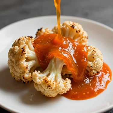 Close-up of bright orange chili sauce splashing onto a plate of roasted cauliflower, sharp dramatic shadows.