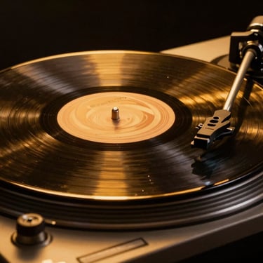 A clean studio flat-lay of a vinyl record spinning on a high-end turntable, warm gold light reflecting off the grooves against a deep black background, sharp focus