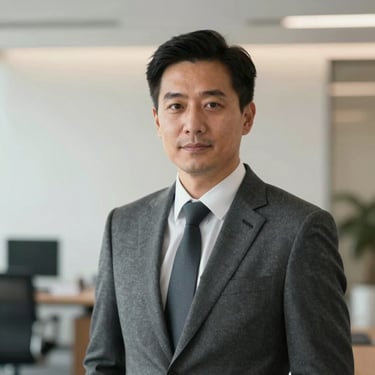 Professional portrait of a male financial advisor in a charcoal grey suit, looking confident and approachable against a blurred, modern office background with soft off-white lighting.