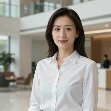 Professional portrait of a female wealth manager in a crisp white shirt, standing in a brightly lit modern lobby, exuding trust and expertise.