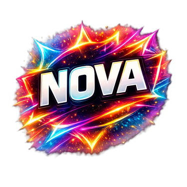 Bold white NOVA text logo centered in a vibrant cosmic explosion of neon light and stars.