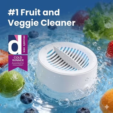 Portable fruit and veggie cleaner device washing fresh produce in water.