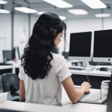 Smiling woman working on a laptop in a modern office.