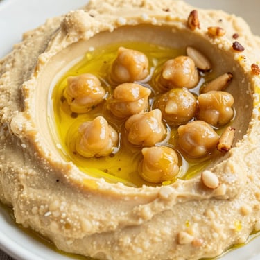 Macro close-up of Classic Velvet hummus, showing rich swirling textures topped with whole chickpeas, toasted pine nuts, and a pool of golden olive oil.