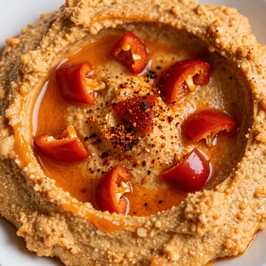 Macro close-up of Roasted Red Pepper hummus, vibrant orange-red color, topped with diced sweet peppers and a light dusting of smoked paprika.