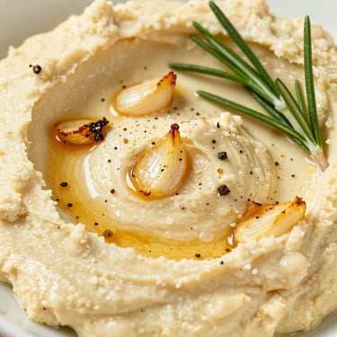 Macro close-up of Roasted Garlic hummus, garnished with caramelized garlic cloves, cracked black pepper, and a sprig of fresh rosemary.