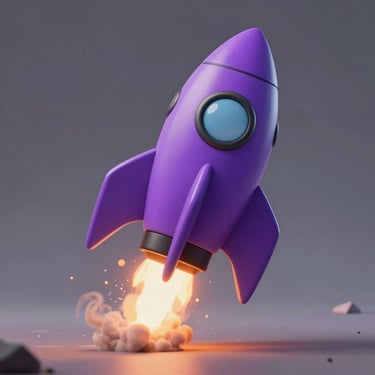Vector cartoon icon of an exploding purple crash rocket, thick black outlines