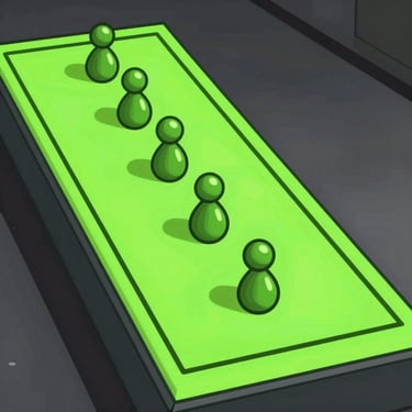 Vector cartoon icon of a neon green plinko board with falling pegs, thick black outlines