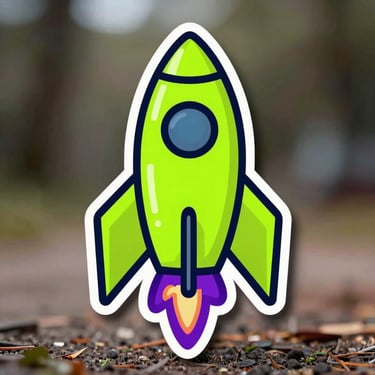 Vector cartoon illustration of a neon green rocket exploding with purple fire, thick black high-contrast outlines, brutalist sticker style.