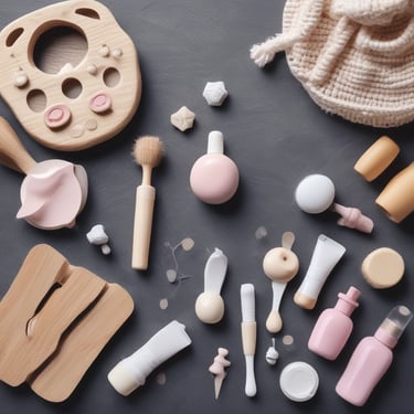 a baby's clothes and wooden toys on a table