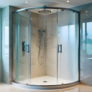 Curved glass shower with overhead rain shower in a renovated Auckland bathroom