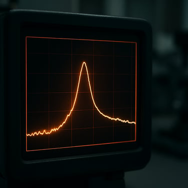 Close-up of a digital spectrometer screen displaying a crisp spectral distribution graph, glowing warm amber and pure white lines against a dark background, laboratory environment, technical precision.